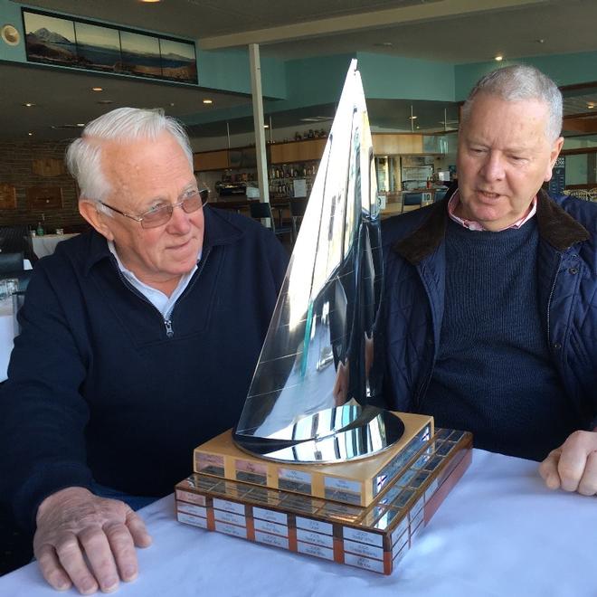 RYCT Life Members Mick Hocking (left) and Graham Taplin admire the new perpetual trophy for the Maria Island Race ©  Peter Campbell